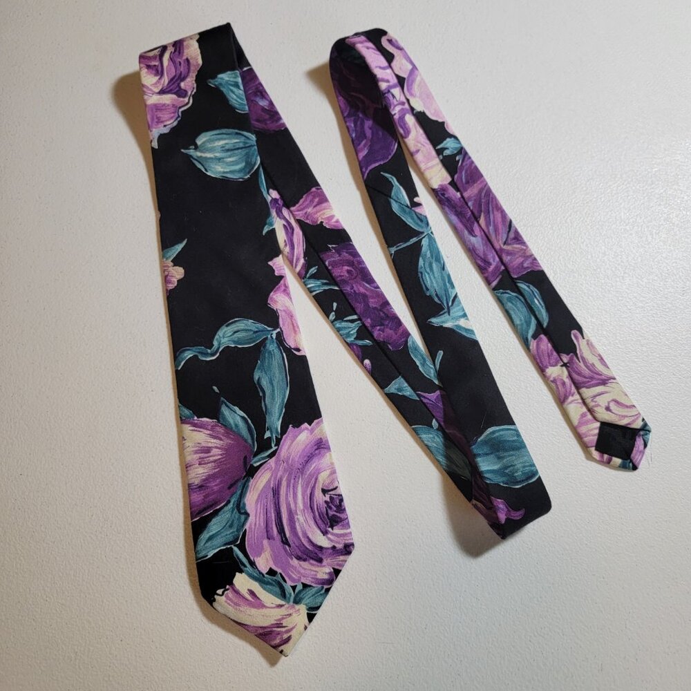 3/$18 Structure Cotton Floral Tie Black & Purple Tie 58" x 3.50 Summer Vintage
